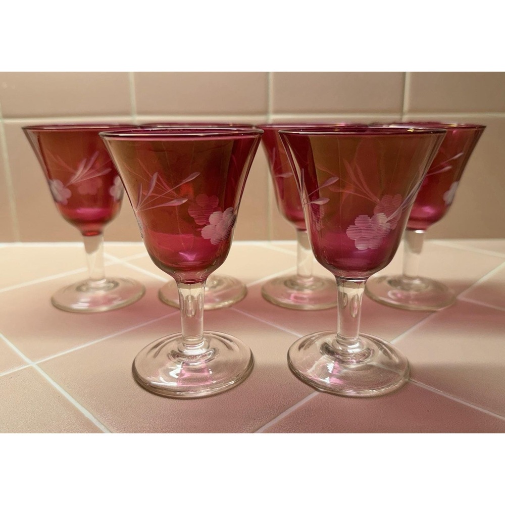 Set of 6 MCM Cranberry Cut to Clear Bohemian/Czech Aperitif Glasses. Vintage